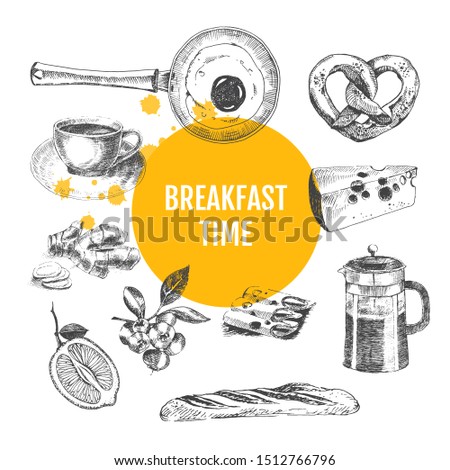 vector breakfast hand drawn illustration. sketch of morning food including fried egg, pastry, cheese, coffee, ginger, lemon, berries. flat lay ink doodle. lunch restaurant design template
