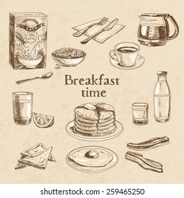 Vector breakfast hand drawn set. Vintage illustration. 