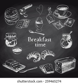 Vector breakfast hand drawn set. Vintage illustration. Chalkboard.