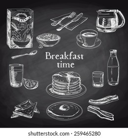 Vector breakfast hand drawn set. Vintage illustration. Chalkboard.