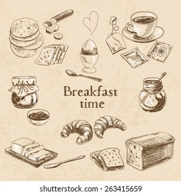 Vector breakfast hand drawn set. Vintage illustration. 