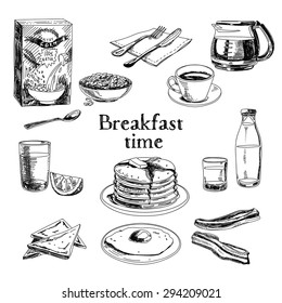 Vector breakfast hand drawn set. Vintage illustration.