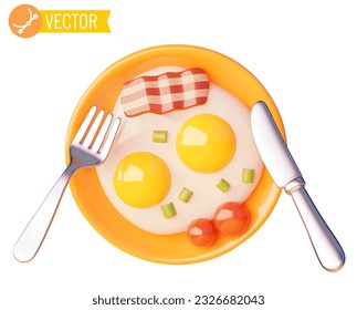 Vektorfrühstück-Symbol. Eier mit gebratenem Speck und frischer Tomate. Orangenplatte, Gabel und Messer