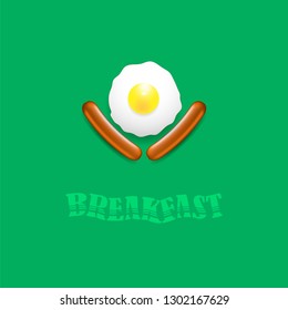 Vector Breakfast Icon with Natural Egg and Two Realistic Boiled Sausages Isolated on Green Background