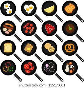 Vector of breakfast Ingredients, fried food in Non stick Frying Pans, Skillets, fried egg, omelet. A set of cute and colorful icon collection isolated on white background