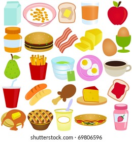 Vector of Breakfast and Lunch - cereal, bread, juice, fruit, pie, pancake, sandwich, jam. A set of cute and colorful icon collection isolated on white background