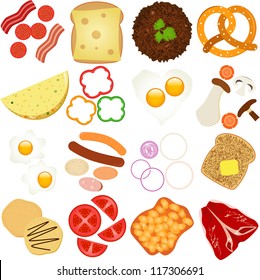 Vector of Breakfast Lunch Ingredients - bacon, bread, cheese, omelet, fried egg, mushroom, sausage, toast, pancake, baked beans, tomato. A set of cute colorful icon collection on white background