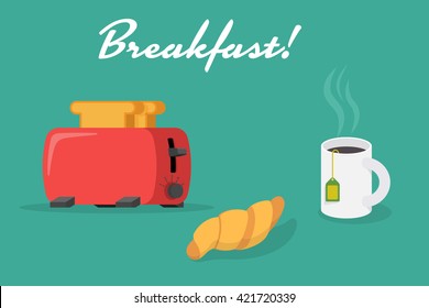 Vector Breakfast - Morning beakfast set with toaster, croissant and cup of tea