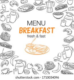 Vector breakfast outline banners. Jug of milk, coffee pot, cup, juice, sandwich and fried eggs. Retro engraving style pancakes, toast with jam, croissant, cheese and flakes with milk for menu design