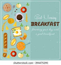 Vector breakfast poster. Food collection 