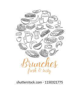 Vector breakfast round banner. Jug of milk, coffee pot, cup, juice, sandwich and fried eggs. Retro engraving style pancakes, toast with jam, croissant, cheese and flakes with milk for menu design.