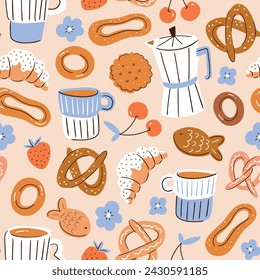 vector breakfast seamless pattern in hand-drawn style. Cute coffee and bakery endless print design. Coffee, desserts and fruits isolated on neutral background for kawaii fabric or wrapping paper. 