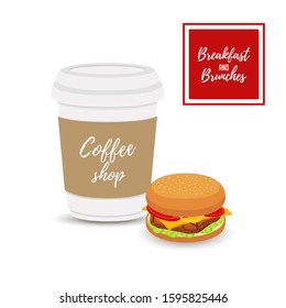Vector breakfast set - coffee with hamburger, hot drink in disposable cup with bun. Fast food concept, cafe or bakery menu. Cartoon flat style