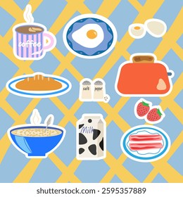 Vector breakfast set: coffee, toaster, toast, milk, blueberries, bacon, oatmeal, baguette, fried eggs, salt, pepper. White outlines on yellow-blue background. Ideal for food designs