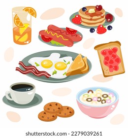 Vector Breakfast Set: Eggs, Bacon, Toast, Jam, Sausages, Orange Juice, Cereal with Milk, Pancakes with Berries, Cookies, and Coffee