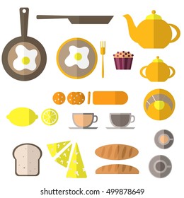 Vector breakfast set with flat icons: cupcakes, bread, coffee, tea,  scrambled eggs, lemon etc. 