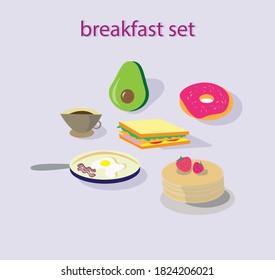 Vector Breakfast set. Breakfast icon flat. Icon of different meal. Icon for caffe or restaurants. Breakfast set of cup of coffee, avocado, pancakes, donut, sandwich and eggs with bacon 