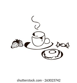 Vector breakfast - tea, strawbwerry, candy, donut