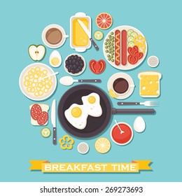 Vector breakfast time illustration with flat icons of fresh food and drinks arranged in circle