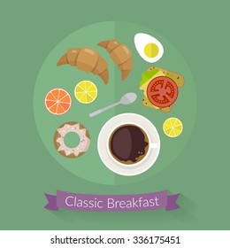 Vector breakfast time illustration with flat icons. Fresh food and drinks in flat style. Top view of healthy breakfast