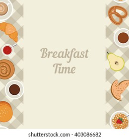 Vector breakfast time illustration with food and drinks in flat style. Can be used for menu, background and other design.