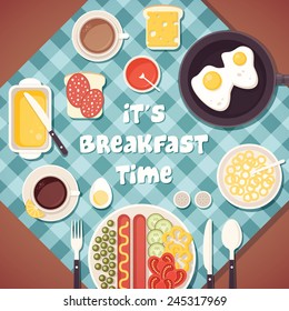 Vector breakfast time illustration with fresh food and drinks in flat style