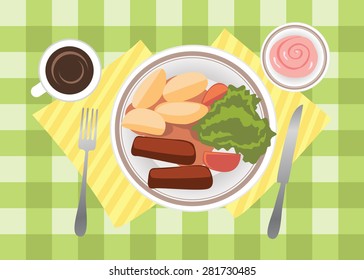Vector breakfast time illustration with fresh food and drinks - flat style
