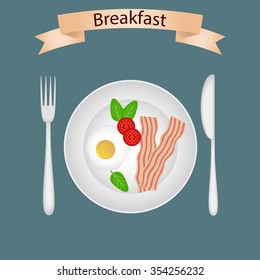 Vector breakfast time illustration with fresh food and drinks in flat style