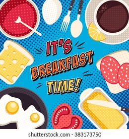 Vector breakfast time illustration with fresh food and drinks. Morning comic background in pop art style 