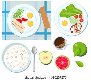 Vector breakfast time illustration with fresh food and drinks in flat style. healthy food