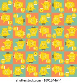 Vector breakfast utensil seamless pattern background Checkered blue orange backdrop with scandi style coffee pots and cups. Mid century crockery illustration. All over print for kitchen products