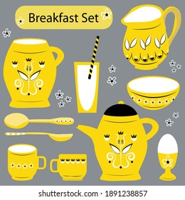 Vector breakfast utensil set. Yellow white black retro country jugs, bowls, spoons, glasses, egg cups with scandi style ornaments. Hand drawn crockery illustration. Flat kitchen tool graphics