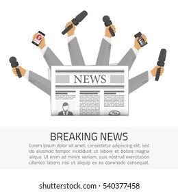 Vector Breaking News concept, live news, microphones, tape recorders and  folded newspaper. Modern design illustration isolated on white background.