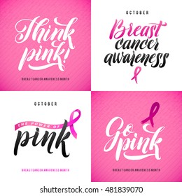 Vector Breast Cancer Awareness Calligraphy Poster Design. Stroke Pink Ribbon.