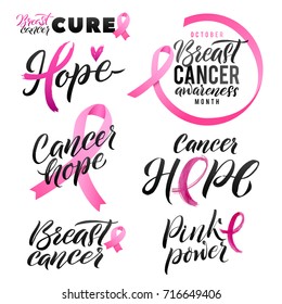 Vector Breast Cancer Awareness Calligraphy Label Set. Stroke Pink Ribbon. October is Cancer Awareness Month