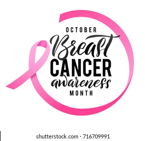 Vector Breast Cancer Awareness Calligraphy Poster Design. Stroke Pink Ribbon. October is Cancer Awareness Month.