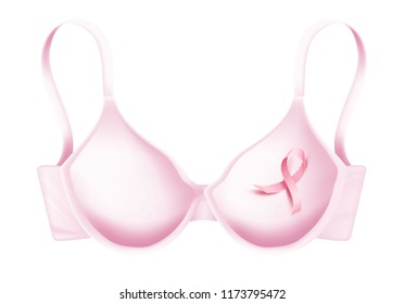 Vector breast cancer awareness poster template with realistic pink ribbon on pink bra. Women health care support symbol. female hope satin emblem illustration