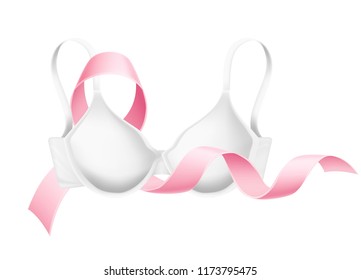 Vector breast cancer awareness poster template with realistic pink ribbon on white bra. Women health care support symbol. female hope satin emblem illustration