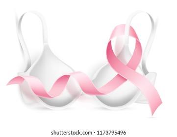 Vector breast cancer awareness poster template with realistic pink ribbon on white bra. Women health care support symbol. female hope satin emblem illustration