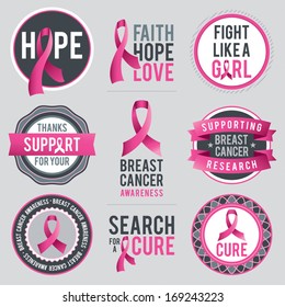 Vector Breast Cancer Awareness ribbons and badges. EPS 10.