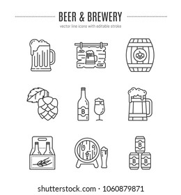 Vector Brewey icon set in trendy linear style. Beer symbols for bar, pub, family brewery, shop. Editable stroke