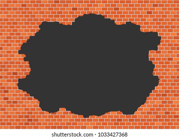 Vector brick broken wall background with big dark hole