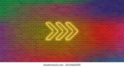 Vector Brick Wall Background. Yellow Neon Arrow. Abstract Colorful Brick Pattern.