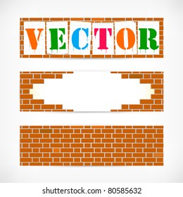 vector brick wall banner set, empty posters, evenly broken wall, fully editable