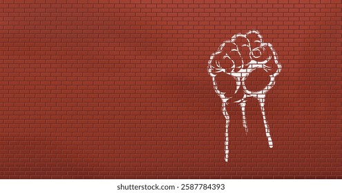 Vector brick wall, drawn white dye male strong clenched human fist. Protest or rebellion. Poster or banner template