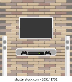 Vector brick wall with lcd screen and game console on the shelf. Tall sound dynamics near tv plasma for living room interior