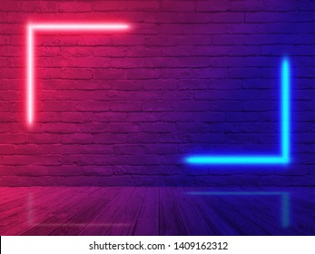 Vector Brick Wall Room Background, Neon Light