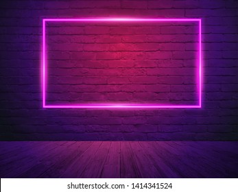 Vector Brick Wall Room Background, Neon Light