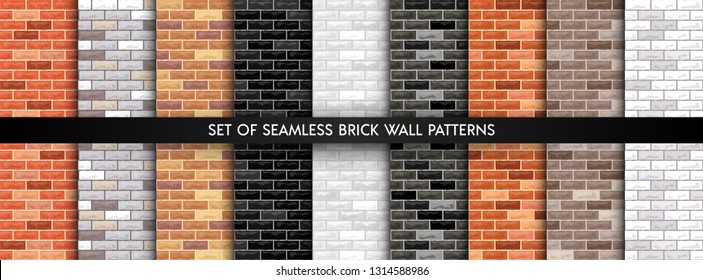 Vector brick wall seamless background set. Realistic different color brick textures collection 