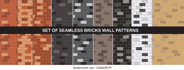 Vector brick wall seamless background set. Realistic different color brick textures collection